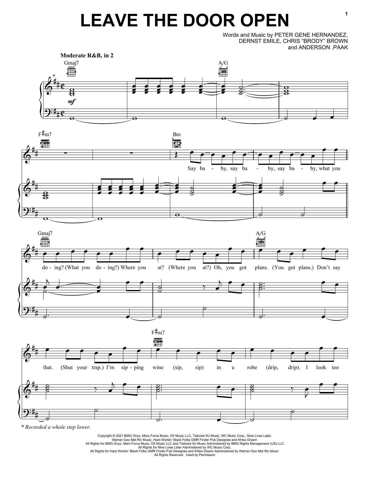Learn to play Bruno Mars, Anderson .Paak & Silk Sonic Leave The Door Open sheet music for Piano, Vocal & Guitar (Right-Hand Melody) in minutes. Bruno Mars, Anderson .Paak & Silk Sonic Leave The Door Open sheet music preview music notes and score for Piano, Vocal & Guitar (Right-Hand Melody) including 9 page(s)