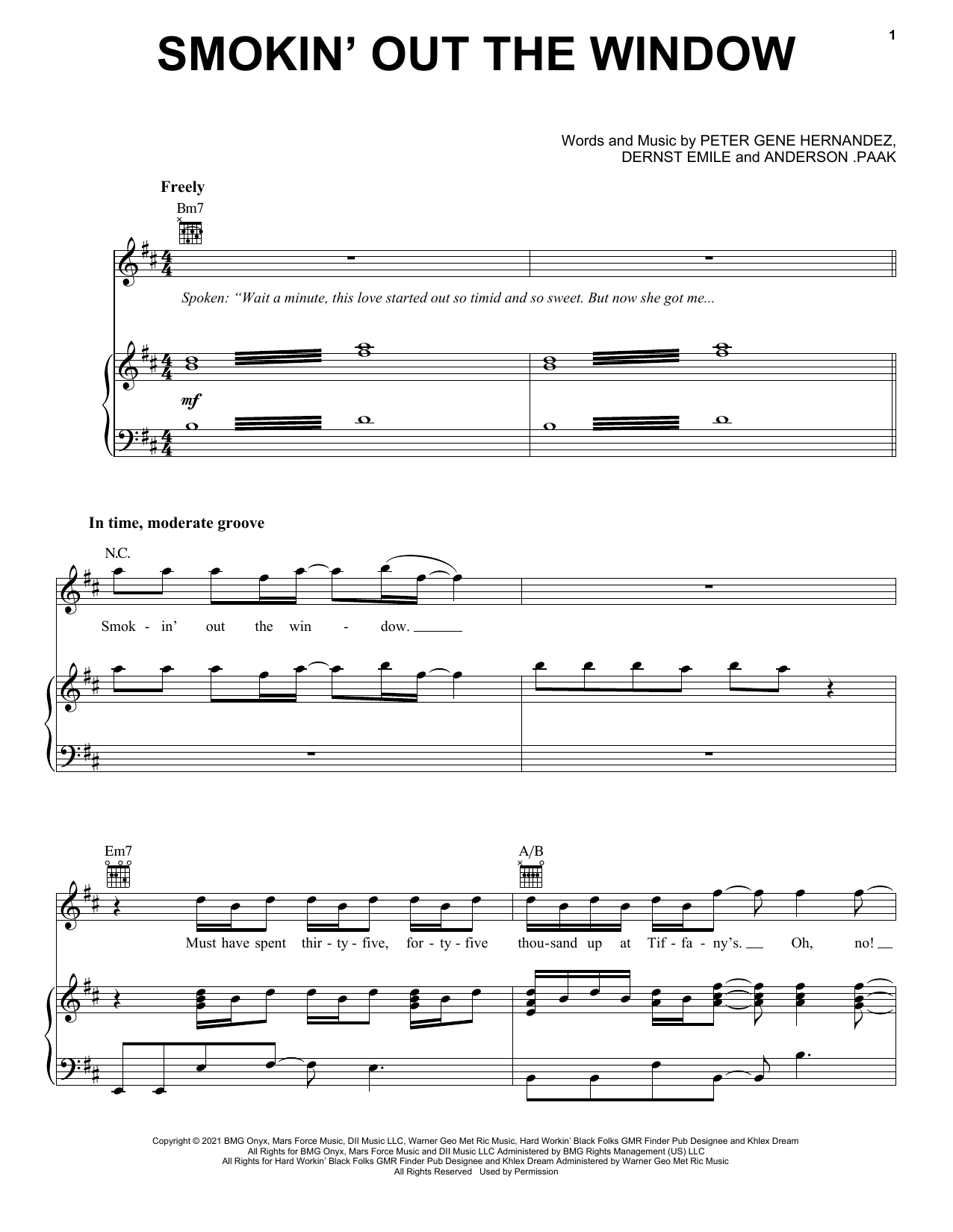 Silk Sonic Smokin Out The Window sheet music preview music notes and score for Piano, Vocal & Guitar Chords (Right-Hand Melody) including 7 page(s)