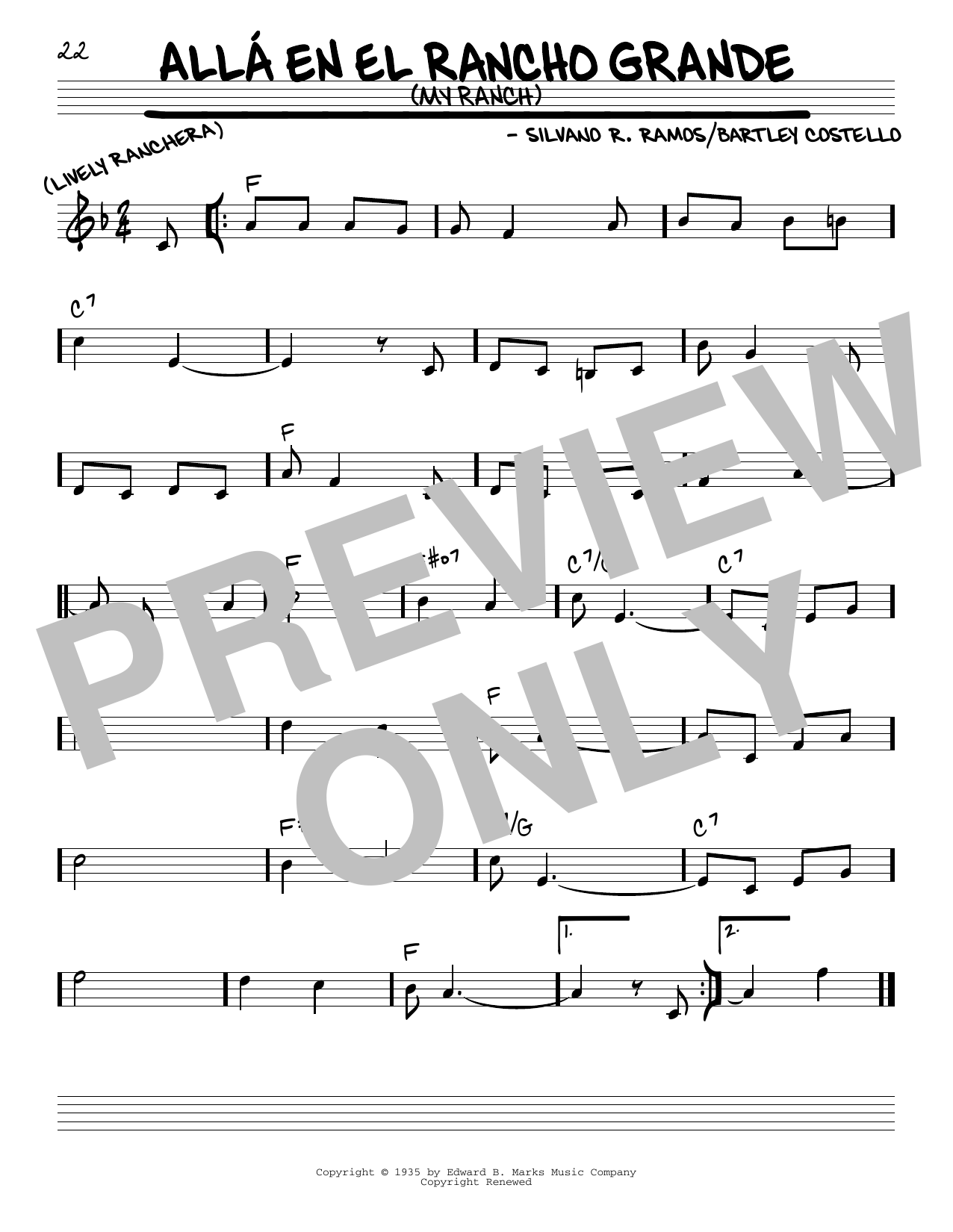 Learn to play Silvano R. Ramos Alla En El Rancho Grande (My Ranch) sheet music for Real Book – Melody & Chords in minutes. Silvano R. Ramos Alla En El Rancho Grande (My Ranch) sheet music preview music notes and score for Real Book – Melody & Chords including 1 page(s)