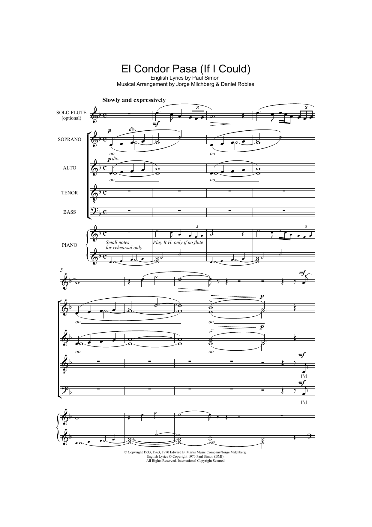 Simon & Garfunkel El Condor Pasa (If I Could) sheet music, chords, lyrics - Printable PDF for SATB