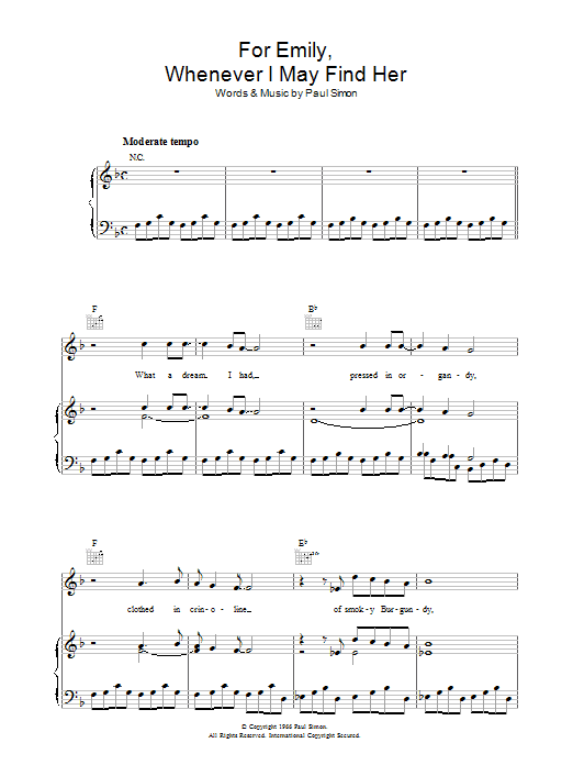 Simon & Garfunkel For Emily, Whenever I May Find Her sheet music, chords, lyrics - Printable PDF for Lyrics & Chords
