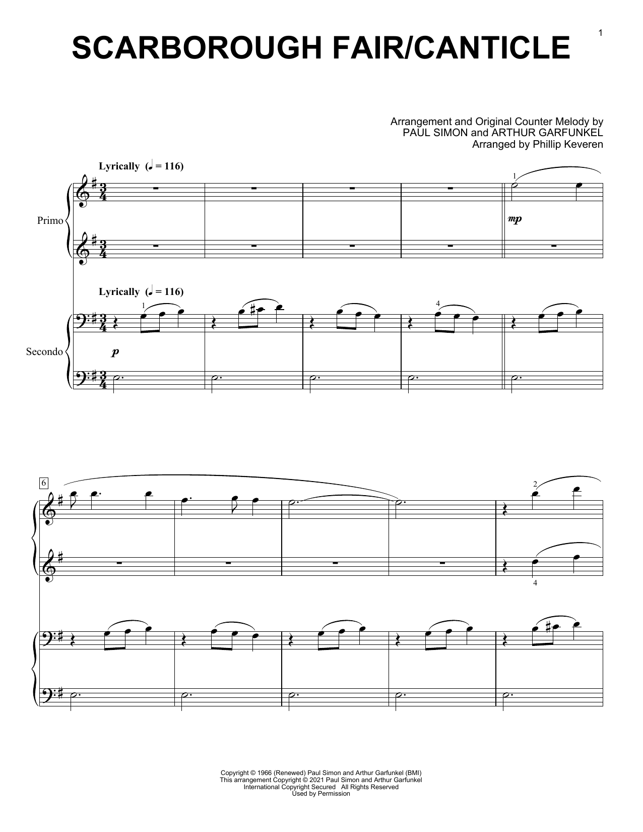 Simon & Garfunkel Scarborough Fair/Canticle (arr. Phillip Keveren) sheet music, chords, lyrics - Printable PDF for Piano Duet