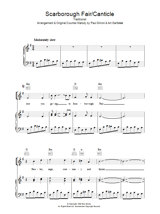 Simon & Garfunkel Scarborough Fair/Canticle sheet music, chords, lyrics - Printable PDF for Guitar Tab