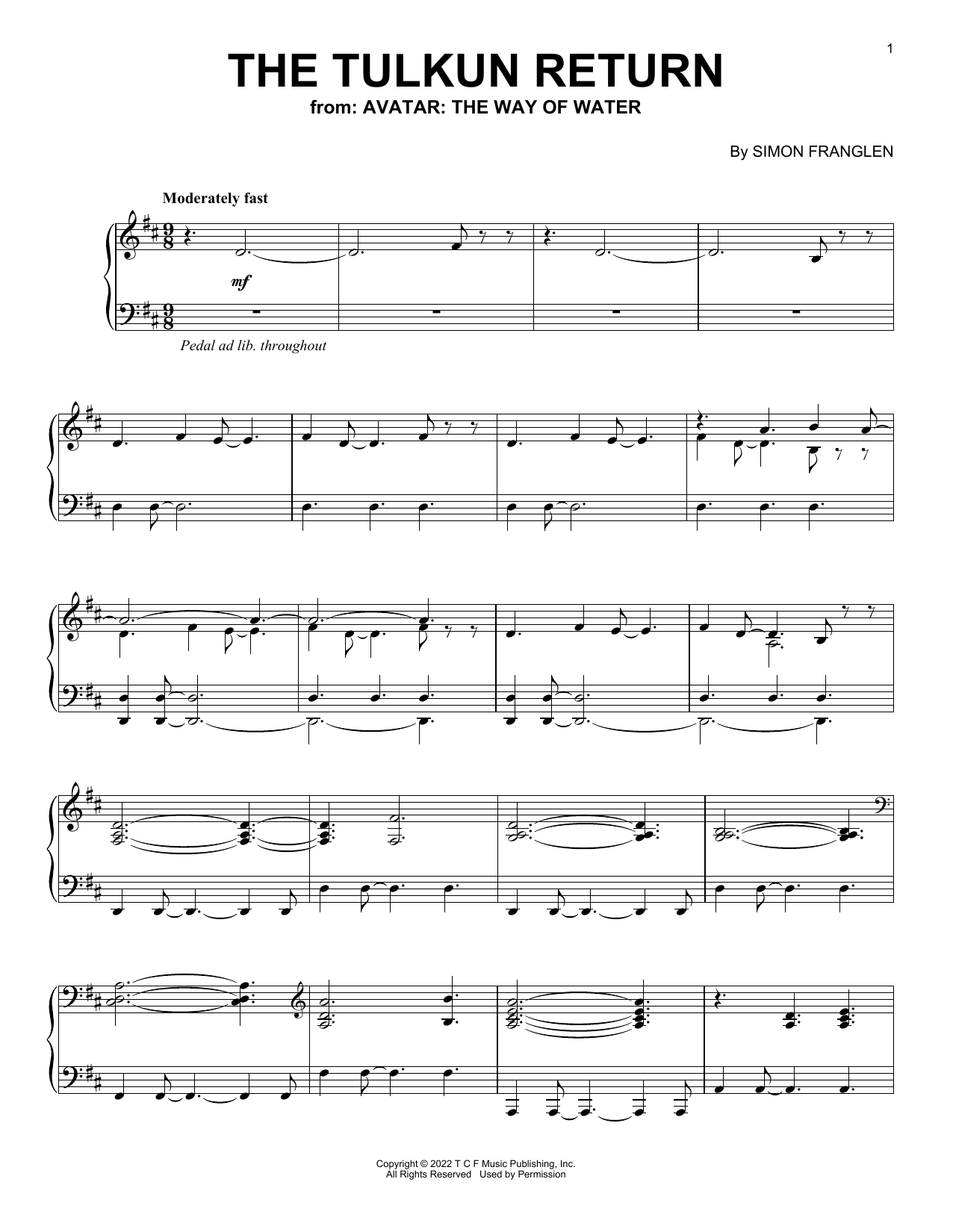 Simon Franglen The Tulkin Return (from Avatar: The Way Of Water) sheet music, chords, lyrics - Printable PDF for Piano Solo