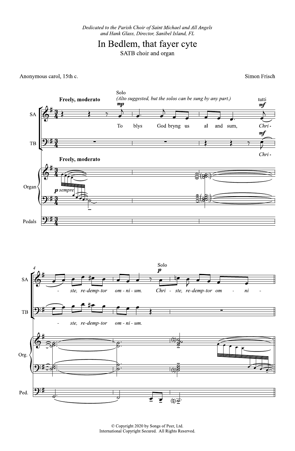 Simon Frisch In Bedlem, That Fayer Cyte (In Bethlehem, That Fair City) sheet music, chords, lyrics - Printable PDF for SATB Choir