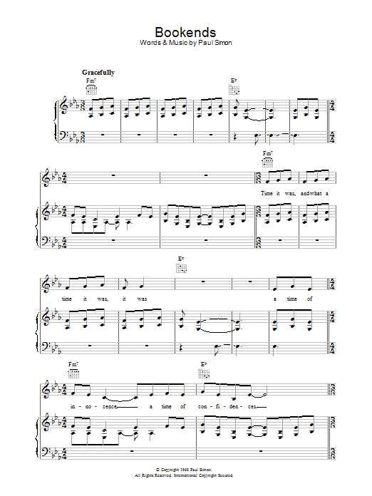 Learn to play Simon & Garfunkel Bookends sheet music for Piano, Vocal & Guitar (Right-Hand Melody) in minutes. Simon & Garfunkel Bookends sheet music preview music notes and score for Piano, Vocal & Guitar (Right-Hand Melody) including 2 page(s)