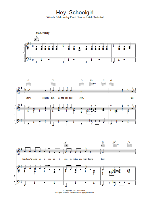 Learn to play Simon & Garfunkel Hey Schoolgirl sheet music for Piano, Vocal & Guitar (Right-Hand Melody) in minutes. Simon & Garfunkel Hey Schoolgirl sheet music preview music notes and score for Piano, Vocal & Guitar (Right-Hand Melody) including 5 page(s)