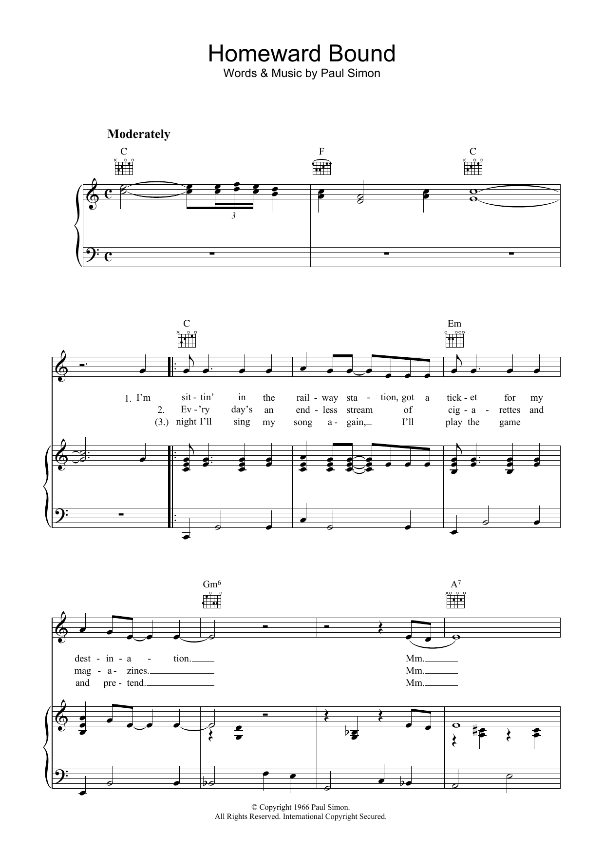 Simon & Garfunkel Homeward Bound sheet music preview music notes and score for Piano, Vocal & Guitar (Right-Hand Melody) including 4 page(s)
