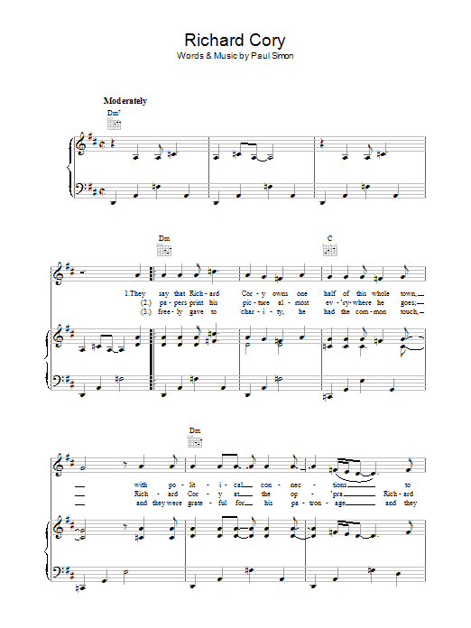 Simon & Garfunkel Richard Cory sheet music preview music notes and score for Piano, Vocal & Guitar (Right-Hand Melody) including 4 page(s)