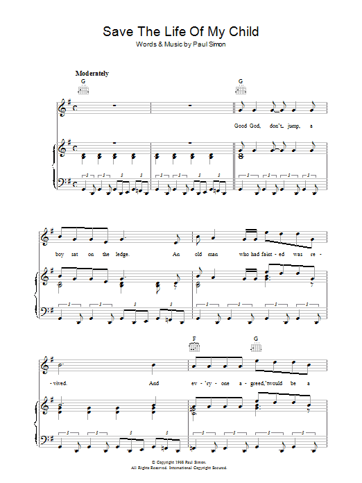 Simon & Garfunkel Save The Life Of My Child sheet music preview music notes and score for Piano, Vocal & Guitar (Right-Hand Melody) including 7 page(s)