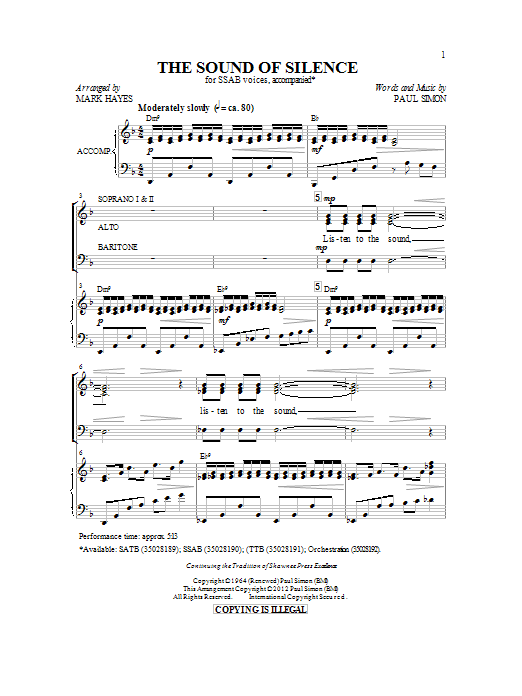 Mark Hayes The Sound Of Silence sheet music preview music notes and score for TTBB including 11 page(s)