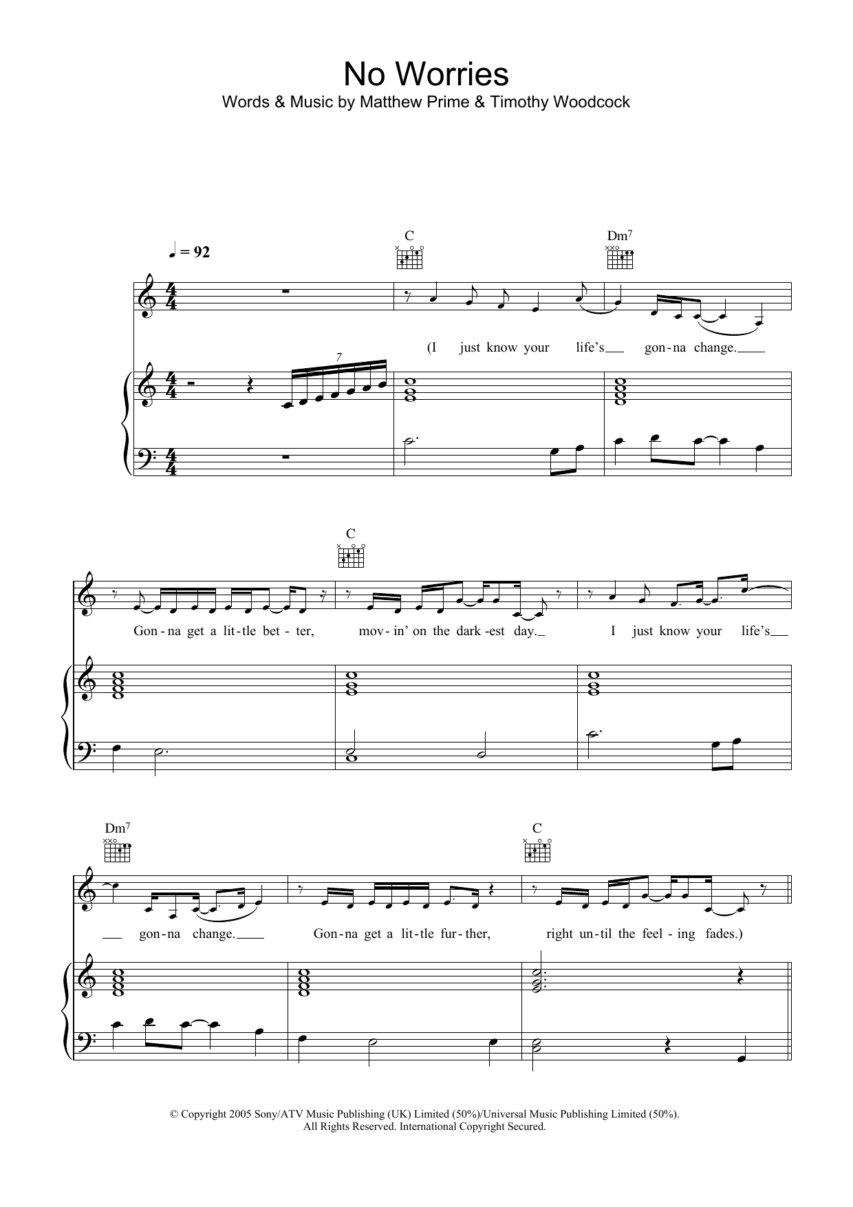 Simon Webbe No Worries sheet music preview music notes and score for Piano, Vocal & Guitar including 5 page(s)