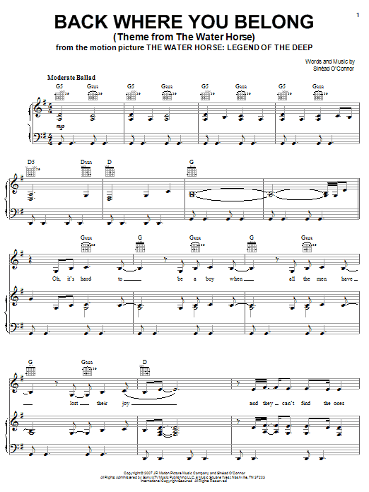 Sinead O'Connor Back Where You Belong (Theme from The Water Horse) sheet music, chords, lyrics - Printable PDF for Piano, Vocal & Guitar (Right-Hand Melody)