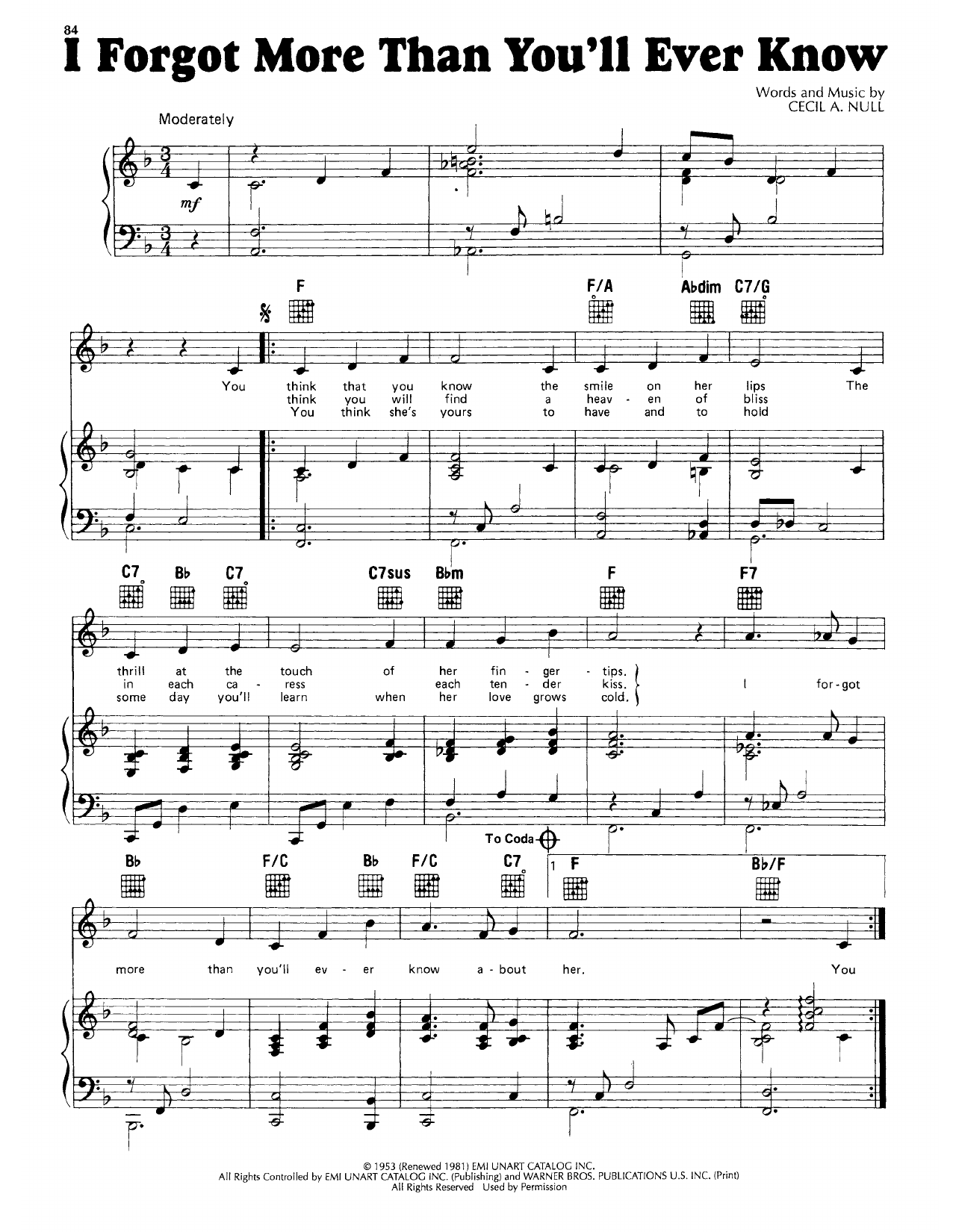 Skeeter Davis I Forgot More Than You'll Ever Know sheet music, chords, lyrics - Printable PDF for Piano, Vocal & Guitar Chords (Right-Hand Melody)