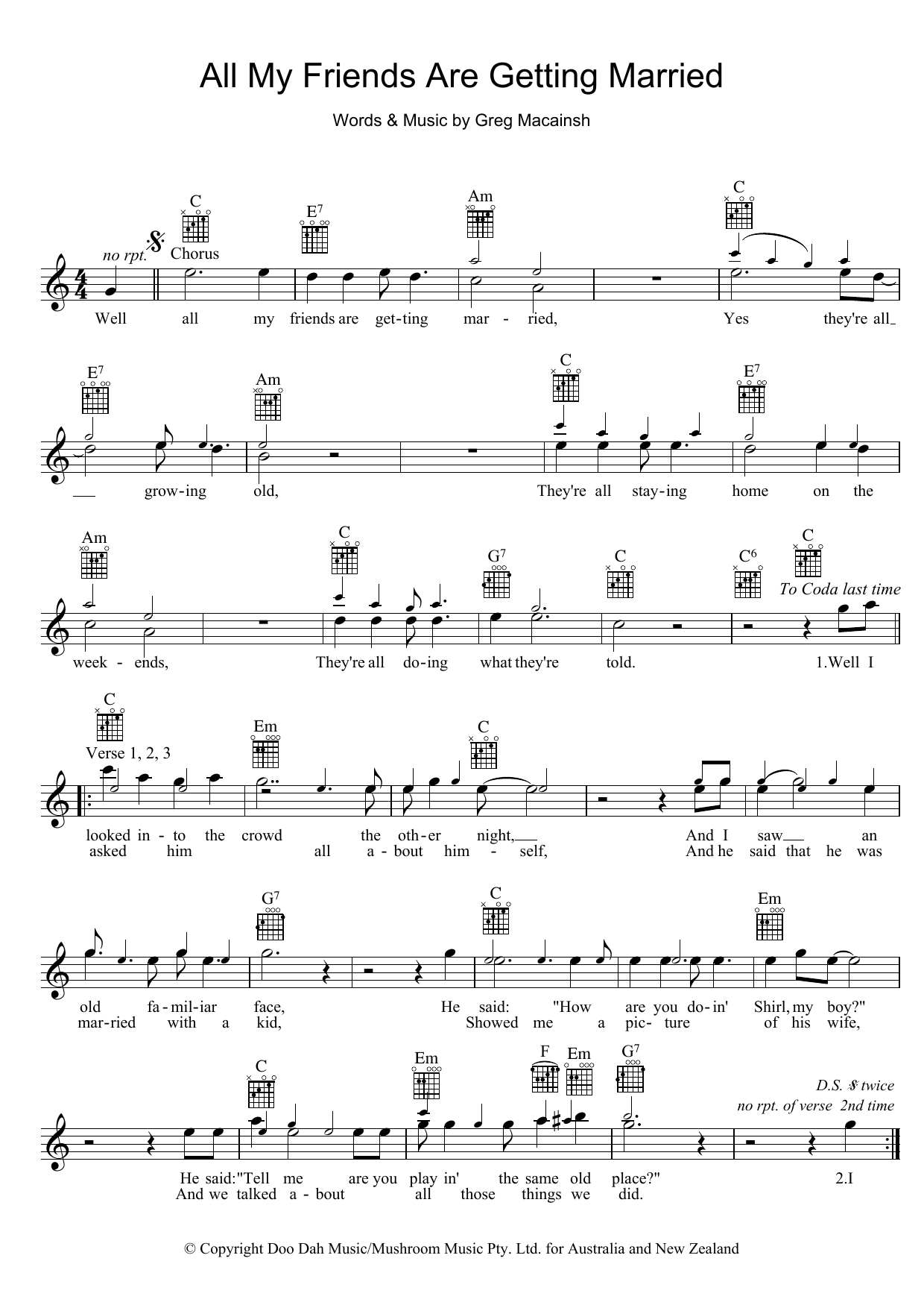 Learn to play Skyhooks All My Friends Are Getting Married sheet music for Melody Line, Lyrics & Chords in minutes. Skyhooks All My Friends Are Getting Married sheet music preview music notes and score for Melody Line, Lyrics & Chords including 2 page(s)