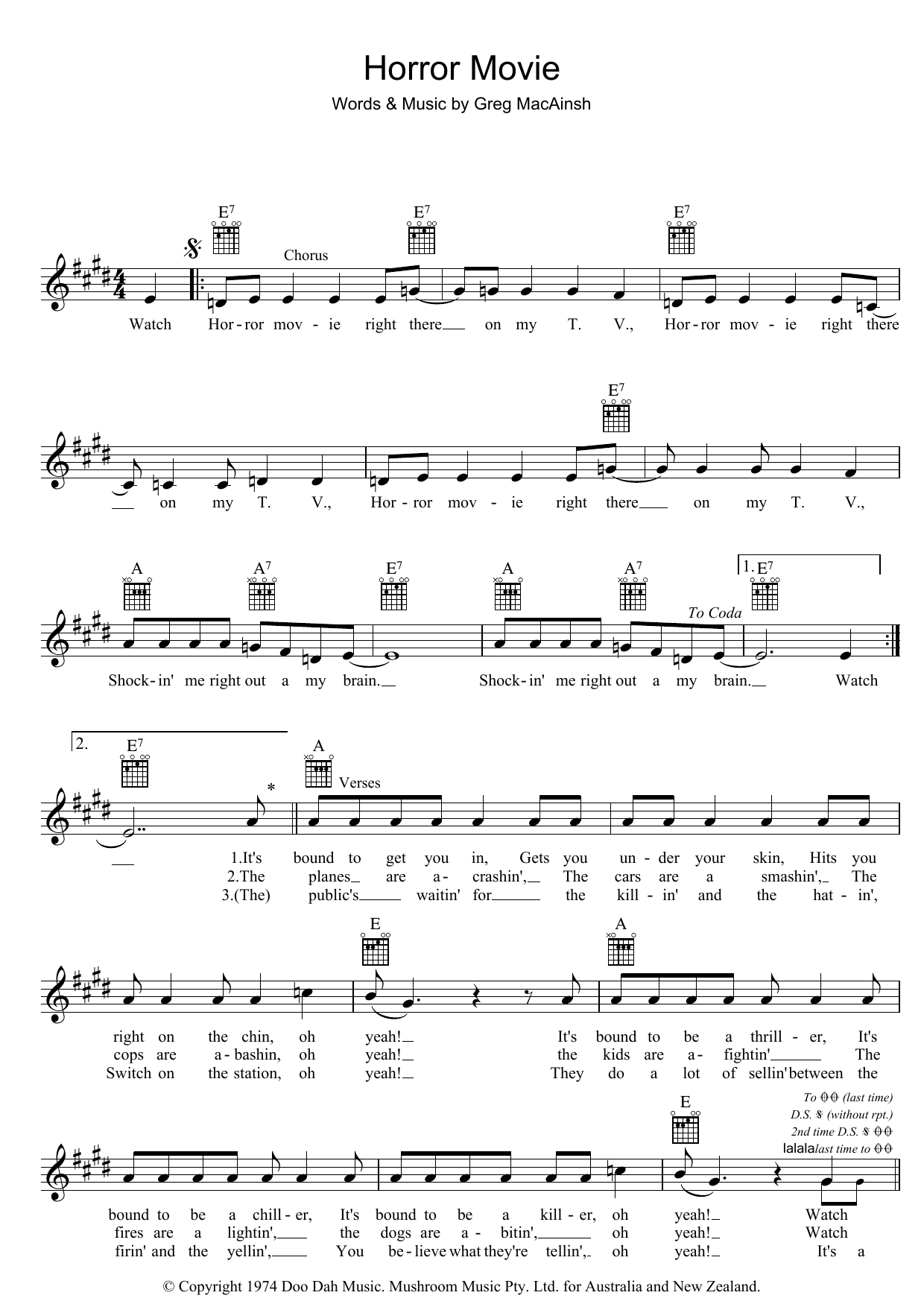 Learn to play Skyhooks Horror Movie sheet music for Melody Line, Lyrics & Chords in minutes. Skyhooks Horror Movie sheet music preview music notes and score for Melody Line, Lyrics & Chords including 2 page(s)