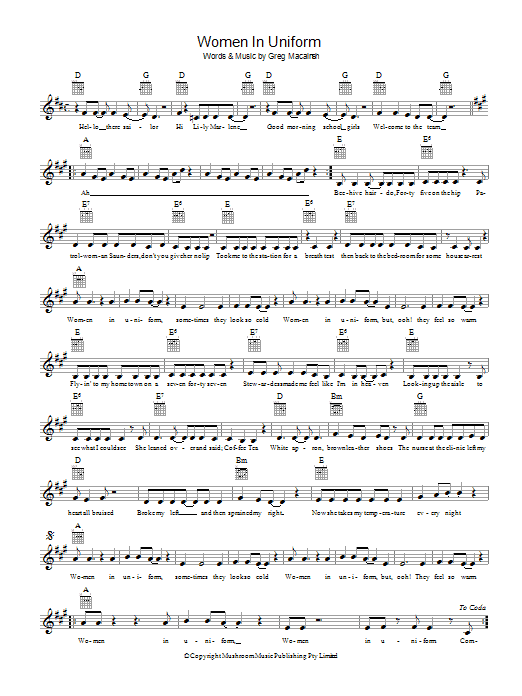 Learn to play Skyhooks Women In Uniform sheet music for Melody Line, Lyrics & Chords in minutes. Skyhooks Women In Uniform sheet music preview music notes and score for Melody Line, Lyrics & Chords including 2 page(s)