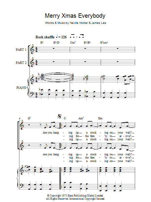 Learn to play Slade Merry Xmas Everybody sheet music for 2-Part Choir in minutes. Slade Merry Xmas Everybody sheet music preview music notes and score for 2-Part Choir including 7 page(s)