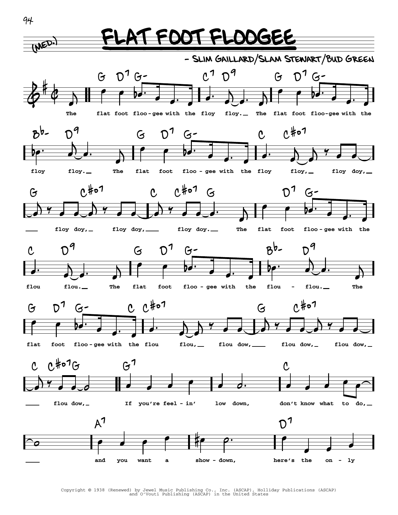 Learn to play Slam Stewart Flat Foot Floogee (High Voice) sheet music for Real Book – Melody, Lyrics & Chords in minutes. Slam Stewart Flat Foot Floogee (High Voice) sheet music preview music notes and score for Real Book – Melody, Lyrics & Chords including 2 page(s)