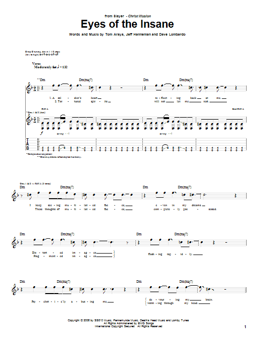 Learn to play Slayer Eyes Of The Insane sheet music for Guitar Tab in minutes. Slayer Eyes Of The Insane sheet music preview music notes and score for Guitar Tab including 8 page(s)
