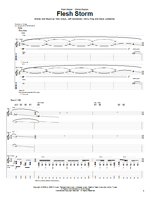Slayer Flesh Storm sheet music preview music notes and score for Guitar Tab including 13 page(s)