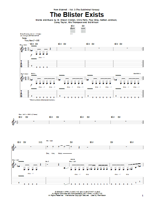 Slipknot The Blister Exists sheet music, chords, lyrics - Printable PDF for Guitar Tab