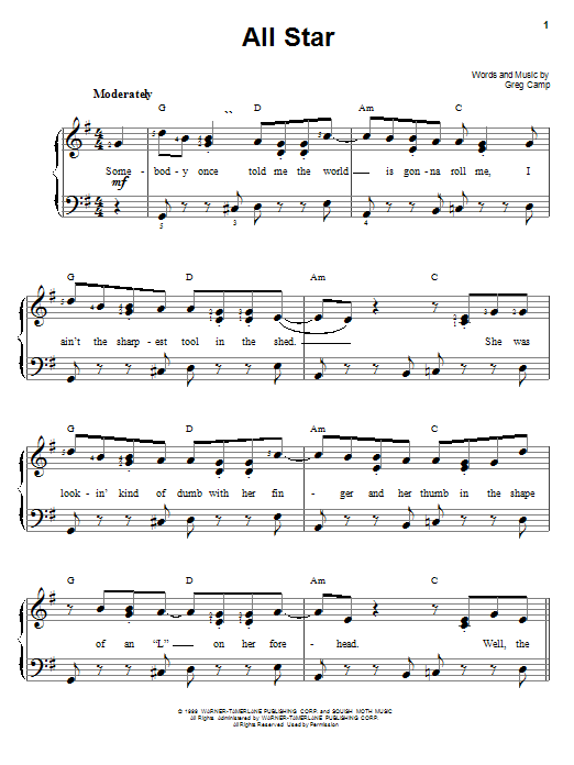 Learn to play Smash Mouth All Star sheet music for Easy Piano in minutes. Smash Mouth All Star sheet music preview music notes and score for Easy Piano including 6 page(s)