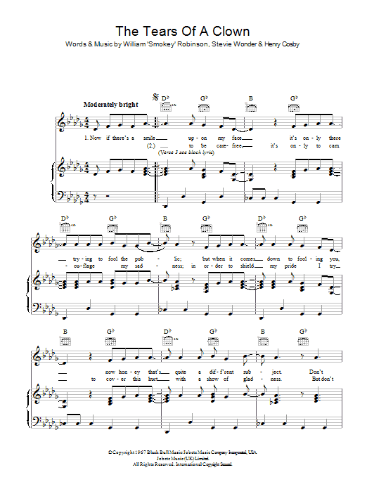 Learn to play Smokey Robinson & The Miracles The Tears Of A Clown sheet music for Piano, Vocal & Guitar (Right-Hand Melody) in minutes. Smokey Robinson & The Miracles The Tears Of A Clown sheet music preview music notes and score for Piano, Vocal & Guitar (Right-Hand Melody) including 5 page(s)