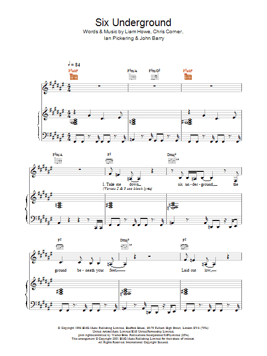 Sneaker Pimps Six Underground sheet music preview music notes and score for Piano, Vocal & Guitar including 4 page(s)