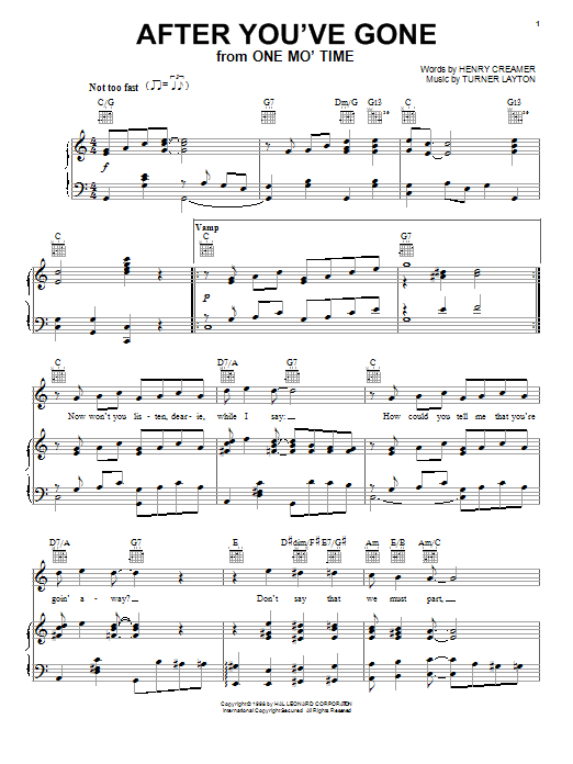 Download Sophie Tucker After You've Gone sheet music notes and chords for Piano, Vocal & Guitar (Right-Hand Melody) - Download Printable PDF and start playing in minutes.