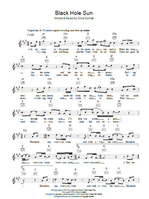 Learn to play Soundgarden Black Hole Sun sheet music for Guitar Tab in minutes. Soundgarden Black Hole Sun sheet music preview music notes and score for Guitar Tab including 7 page(s)