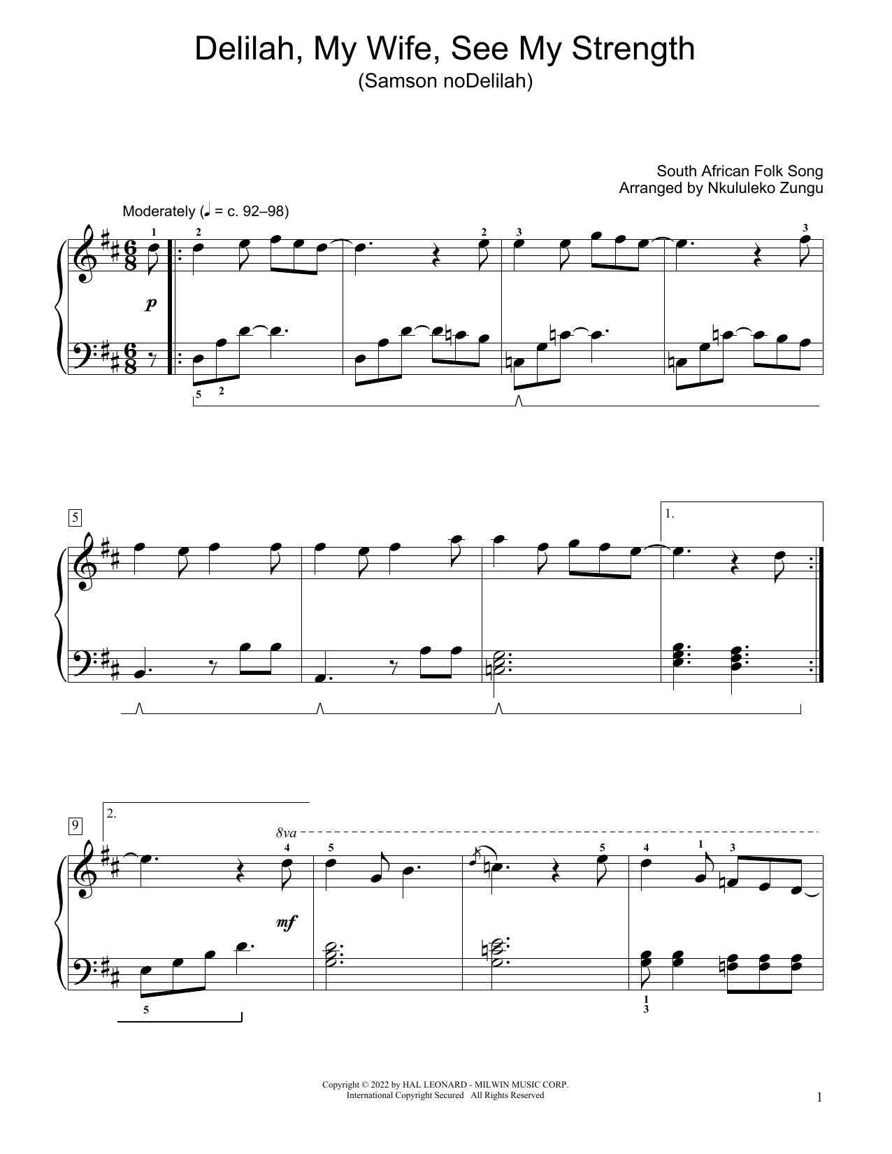 South African folk song Delilah, My Wife, See My Strength (Samson Nodelilah) (arr. Nkululeko Zungu) sheet music, chords, lyrics - Printable PDF for Educational Piano