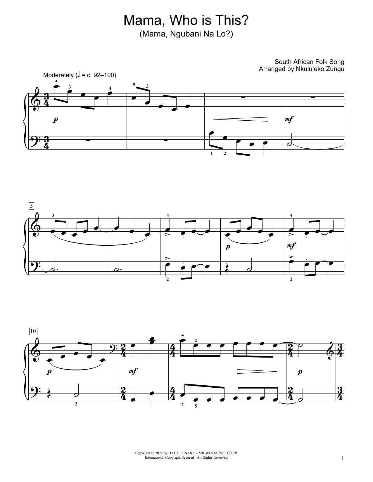 South African folk song Mama, Who Is This? (Mama Ngubani Na Lo) (arr. Nkululeko Zungu) sheet music, chords, lyrics - Printable PDF for Educational Piano