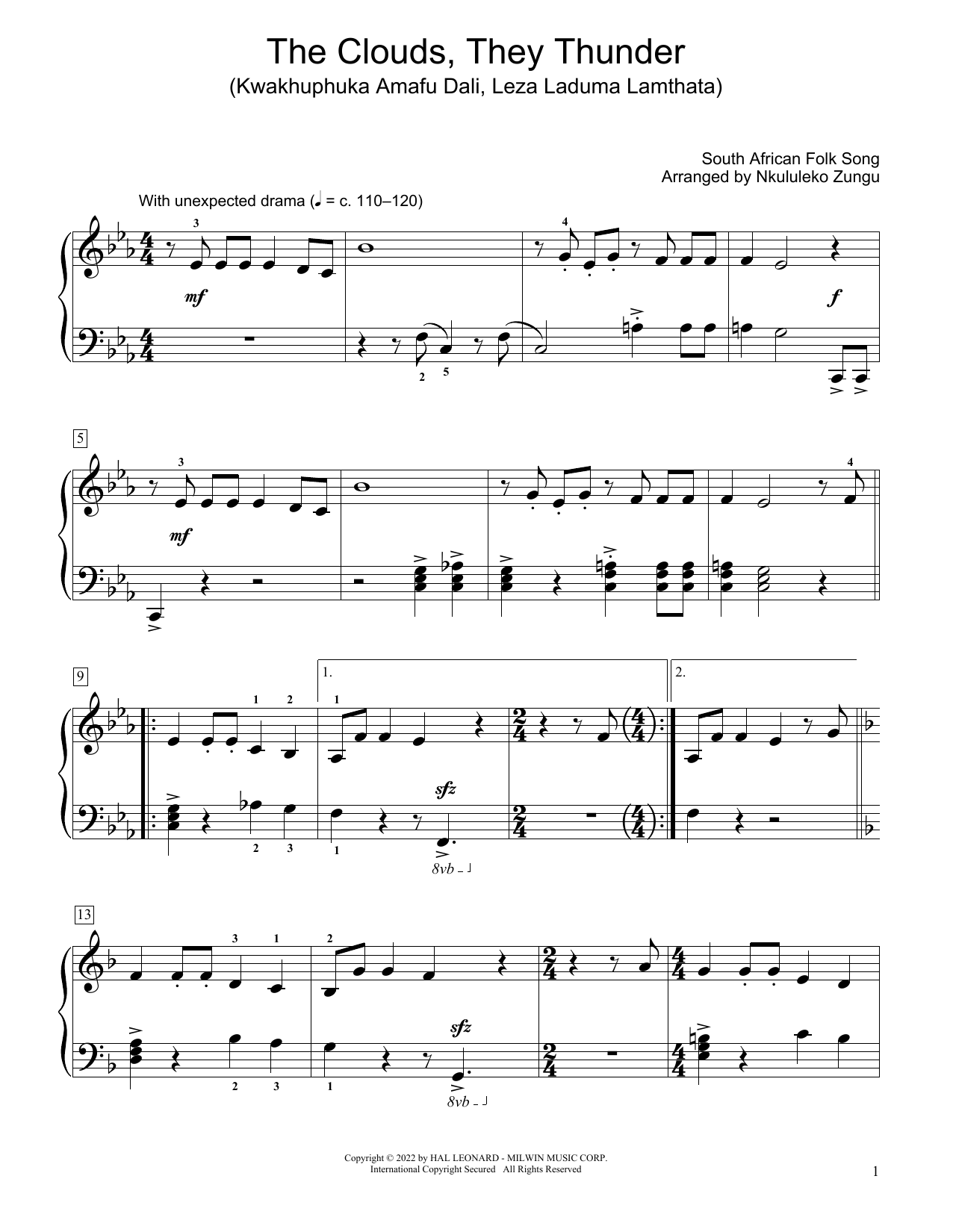 South African folk song The Clouds, They Thunder (Kwakhuphuka Amafu Dali, Leza Laduma Lamthata) (arr. Nkululeko Zungu) sheet music, chords, lyrics - Printable PDF for Educational Piano