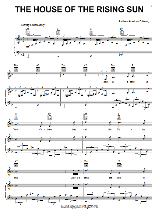 Learn to play Southern American Folksong House Of The Rising Sun sheet music for Piano, Vocal & Guitar (Right-Hand Melody) in minutes. Southern American Folksong House Of The Rising Sun sheet music preview music notes and score for Piano, Vocal & Guitar (Right-Hand Melody) including 5 page(s)