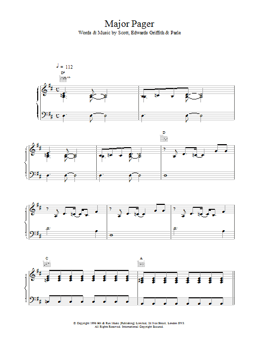 Space Major Pager sheet music preview music notes and score for Piano, Vocal & Guitar (Right-Hand Melody) including 4 page(s)