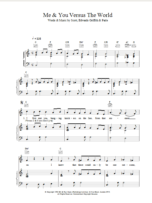 Download Space Me & You Versus The World sheet music notes and chords for Piano, Vocal & Guitar (Right-Hand Melody) - Download Printable PDF and start playing in minutes.