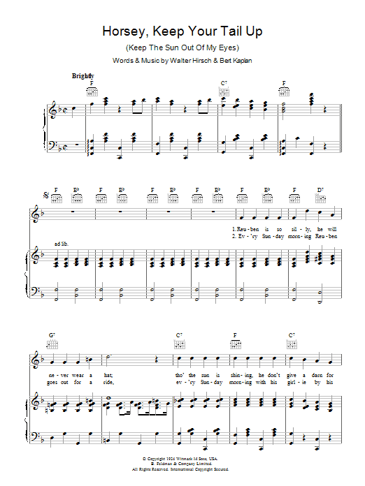 Learn to play Spike Jones Horsey Keep Your Tail Up (Keep The Sun Out Of My Eyes) sheet music for Piano, Vocal & Guitar (Right-Hand Melody) in minutes. Spike Jones Horsey Keep Your Tail Up (Keep The Sun Out Of My Eyes) sheet music preview music notes and score for Piano, Vocal & Guitar (Right-Hand Melody) including 3 page(s)