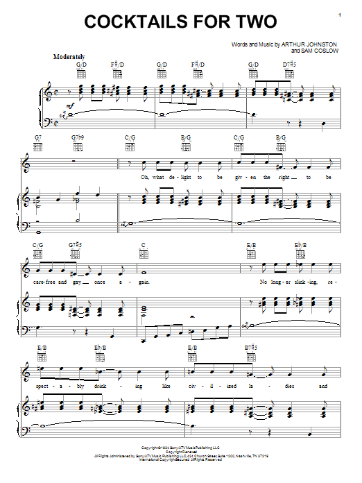 Learn to play Spike Jones and his City Slickers Cocktails For Two sheet music for Piano, Vocal & Guitar (Right-Hand Melody) in minutes. Spike Jones and his City Slickers Cocktails For Two sheet music preview music notes and score for Piano, Vocal & Guitar (Right-Hand Melody) including 5 page(s)