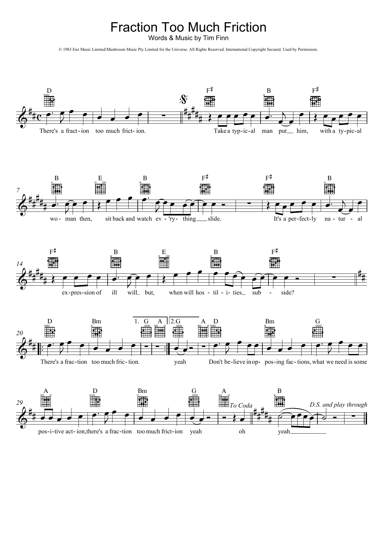 Learn to play Split Enz Fraction Too Much Friction sheet music for Melody Line, Lyrics & Chords in minutes. Split Enz Fraction Too Much Friction sheet music preview music notes and score for Melody Line, Lyrics & Chords including 2 page(s)