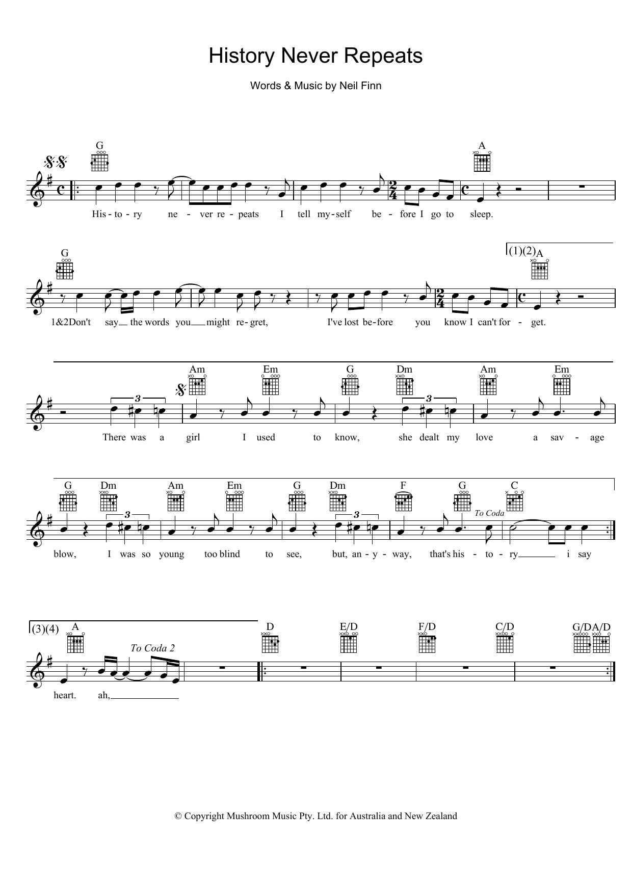 Learn to play Split Enz History Never Repeats sheet music for Melody Line, Lyrics & Chords in minutes. Split Enz History Never Repeats sheet music preview music notes and score for Melody Line, Lyrics & Chords including 2 page(s)