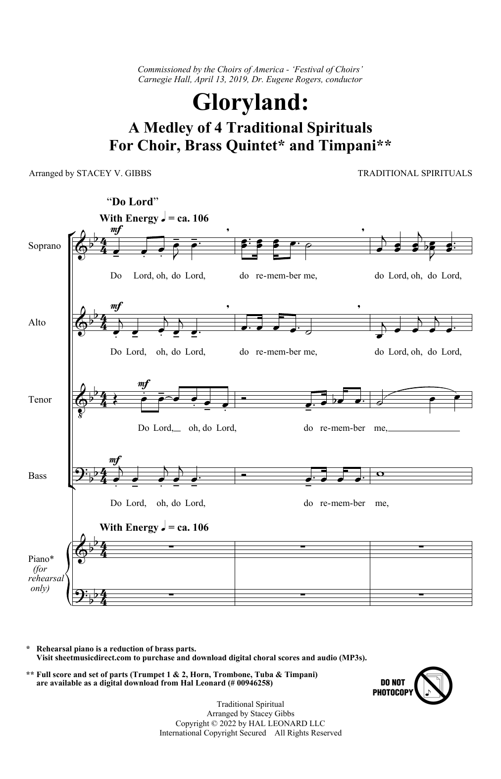 Stacey V. Gibbs Gloryland: A Medley of Four Traditional Spirituals sheet music, chords, lyrics - Printable PDF for SATB Choir
