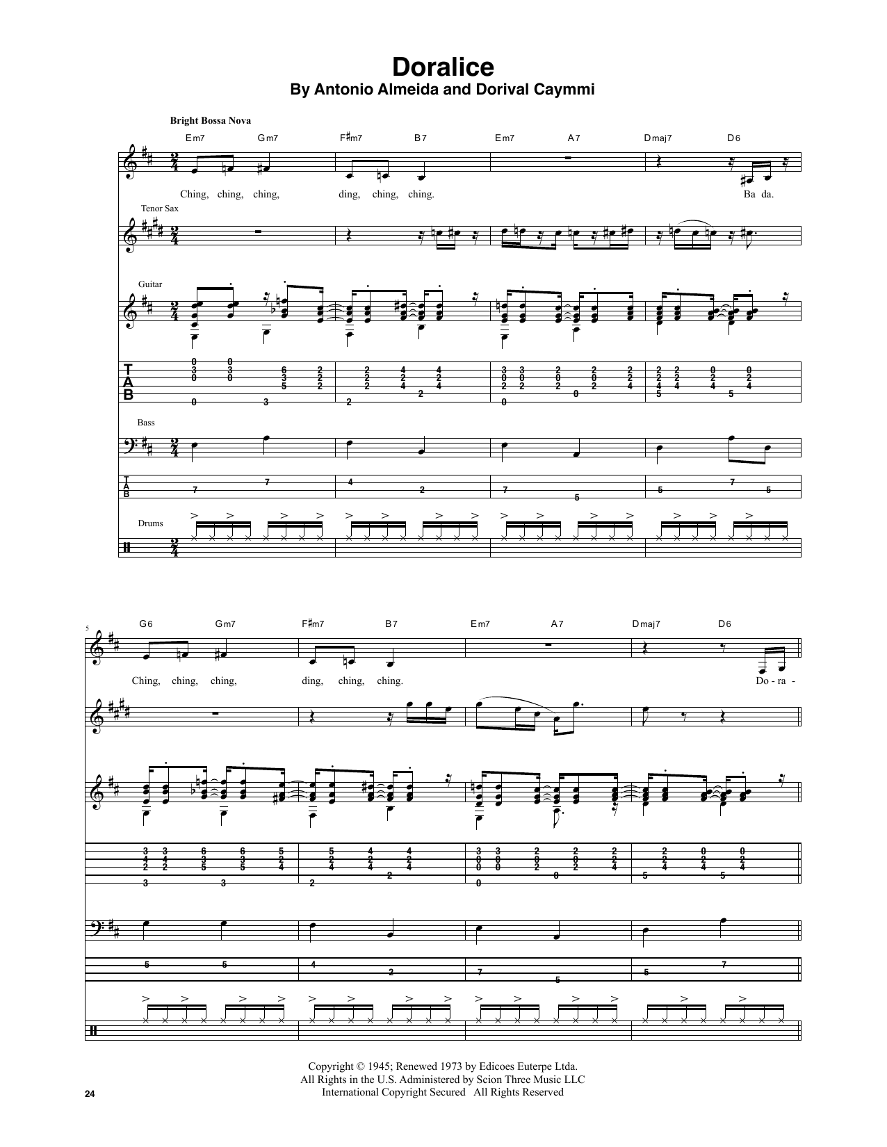 Stan Getz & João Gilberto Doralice sheet music, chords, lyrics - Printable PDF for Transcribed Score