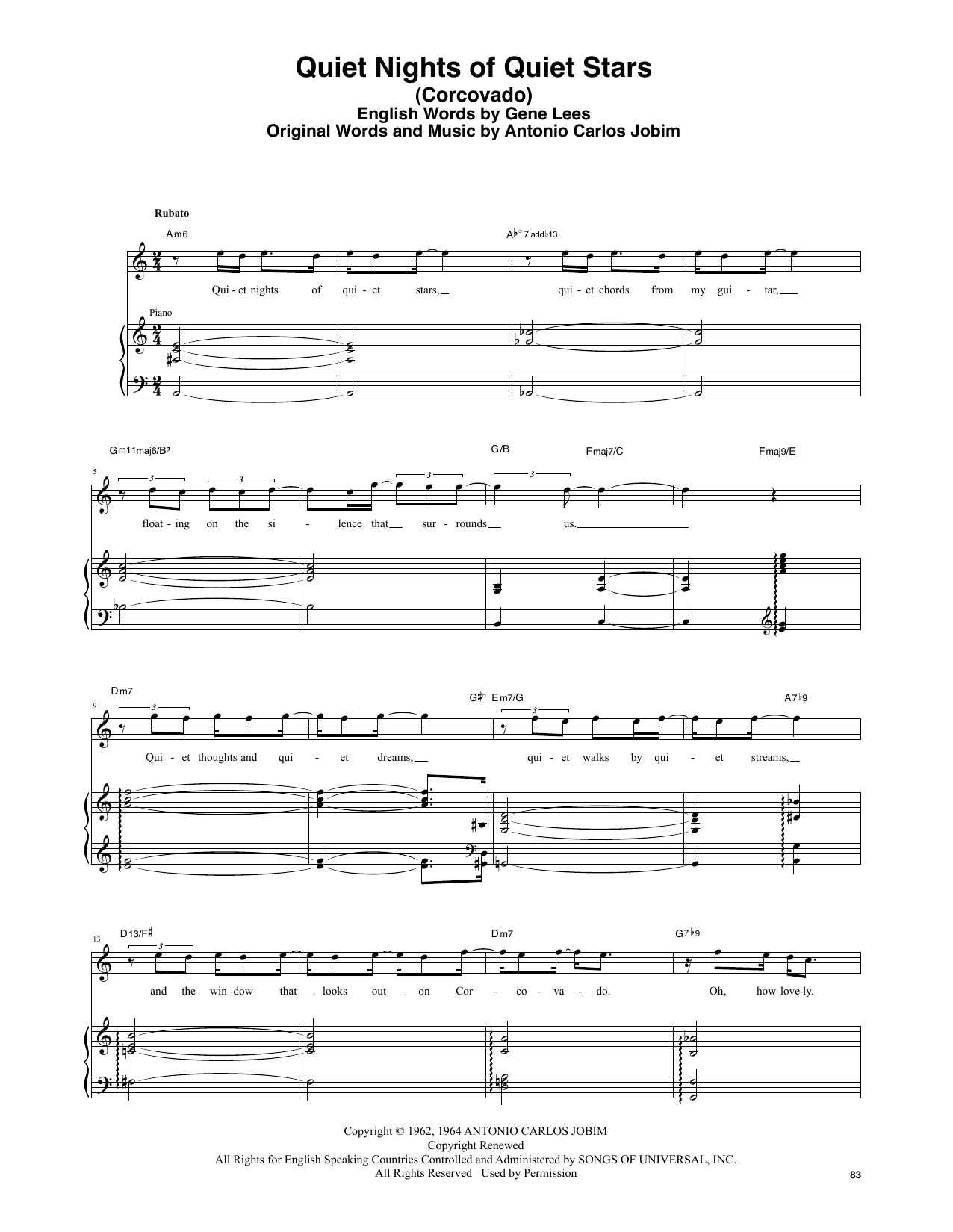 Stan Getz & João Gilberto Quiet Nights Of Quiet Stars (Corcovado) sheet music, chords, lyrics - Printable PDF for Transcribed Score