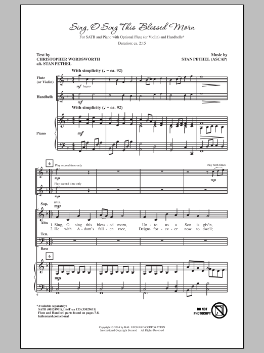 Stan Pethel Sing, O Sing This Blessed Morn sheet music, chords, lyrics - Printable PDF for SATB