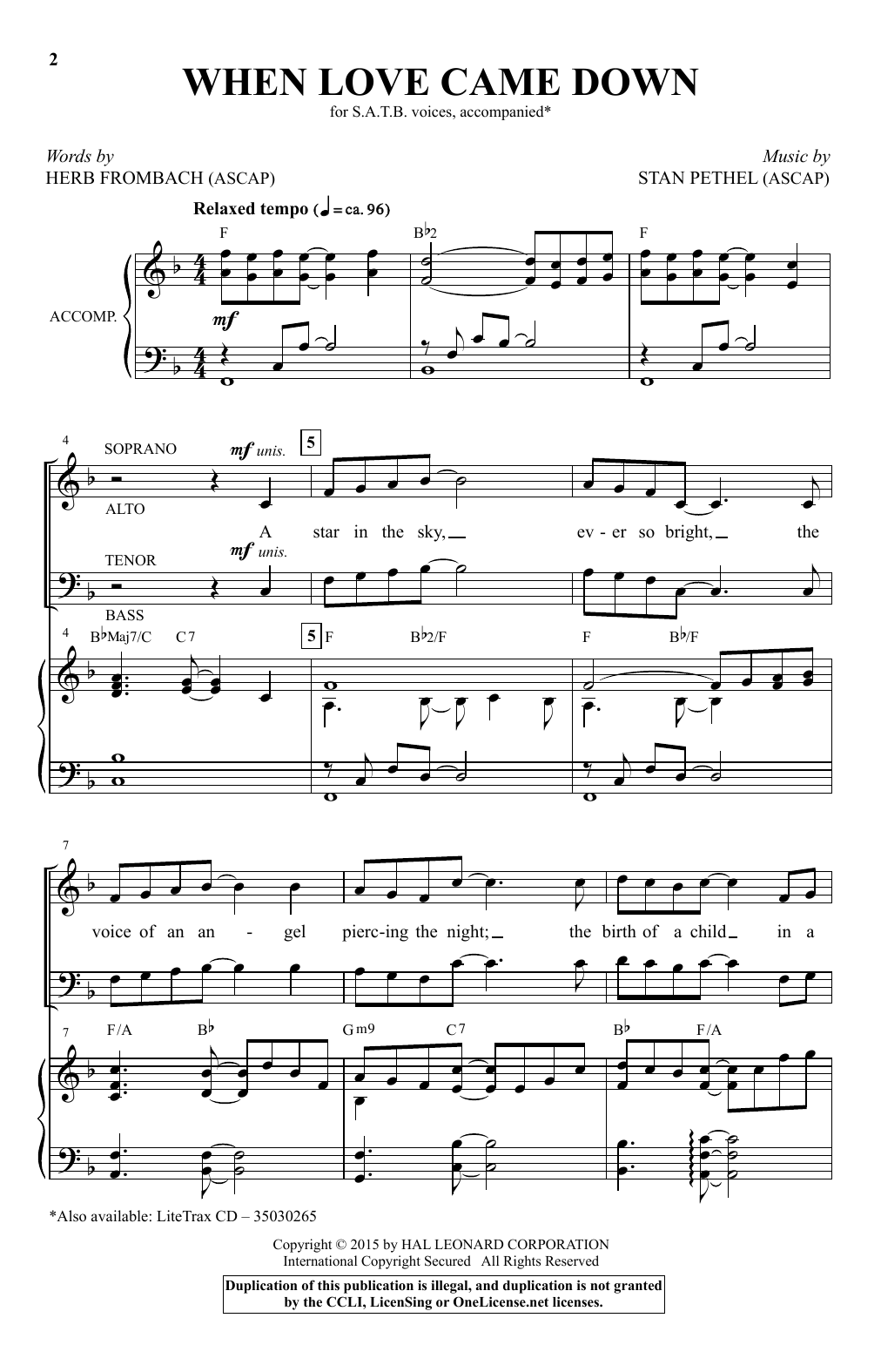 Learn to play Stan Pethel When Love Came Down sheet music for SATB in minutes. Stan Pethel When Love Came Down sheet music preview music notes and score for SATB including 6 page(s)