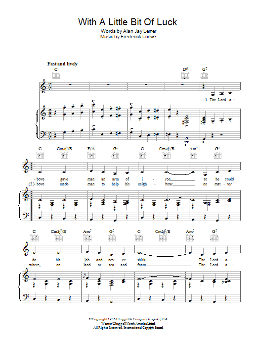 Learn to play Stanley Holloway With A Little Bit Of Luck sheet music for Piano, Vocal & Guitar (Right-Hand Melody) in minutes. Stanley Holloway With A Little Bit Of Luck sheet music preview music notes and score for Piano, Vocal & Guitar (Right-Hand Melody) including 5 page(s)