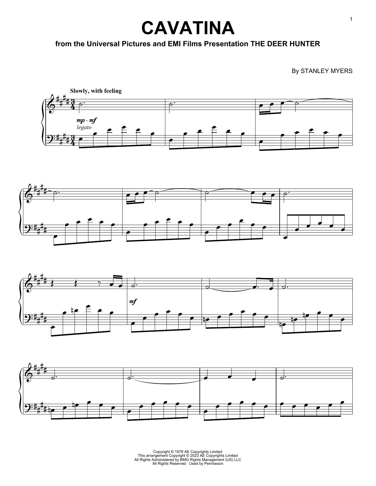 Stanley Myers Cavatina (from The Deer Hunter) sheet music preview music notes and score for Piano including 4 page(s)