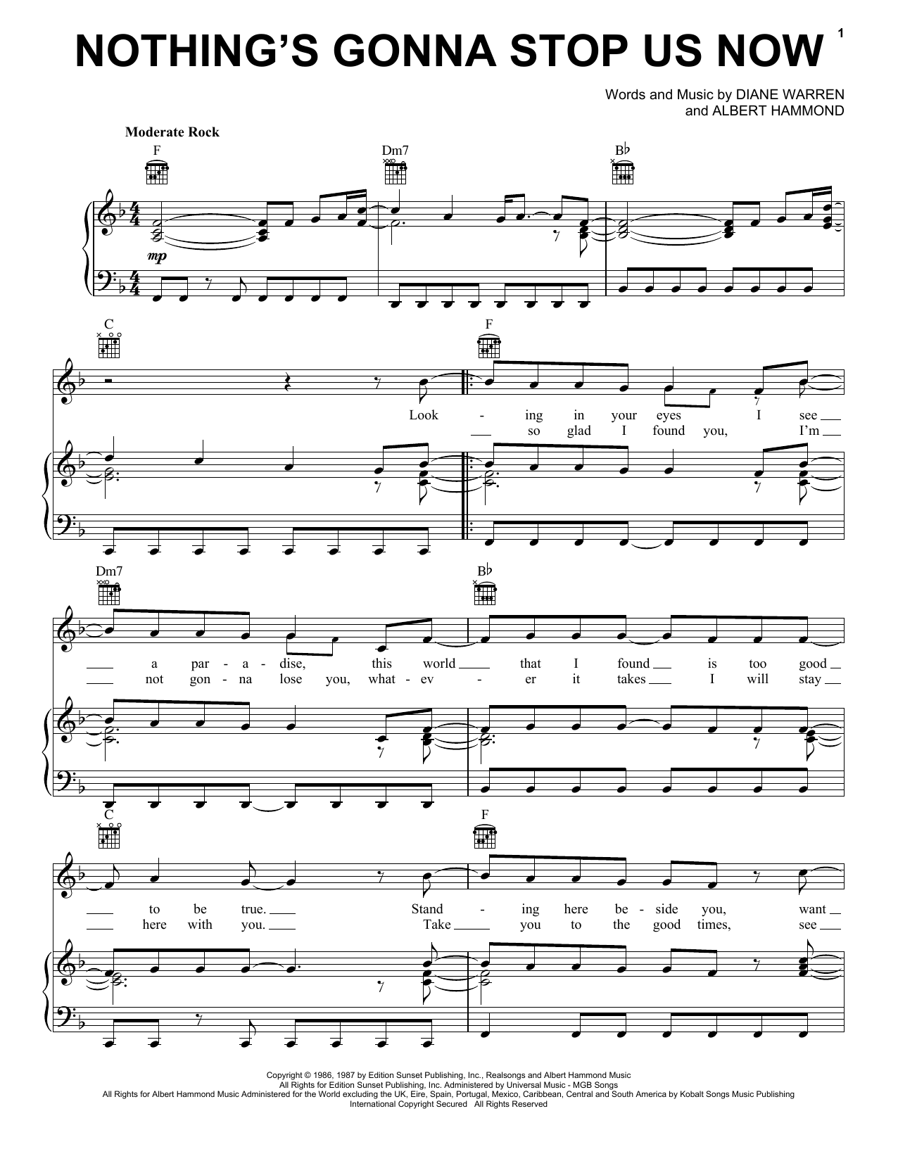 Starship Nothing's Gonna Stop Us Now sheet music preview music notes and score for Piano, Vocal & Guitar (Right-Hand Melody) including 5 page(s)