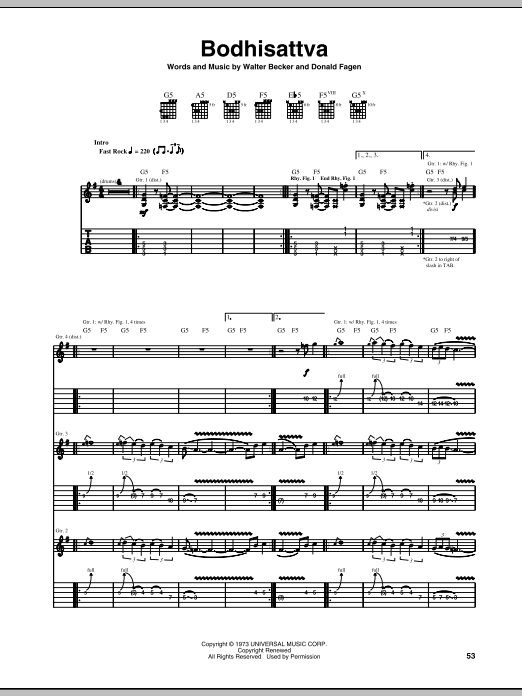 Learn to play Steely Dan Bodhisattva sheet music for Bass Guitar Tab in minutes. Steely Dan Bodhisattva sheet music preview music notes and score for Bass Guitar Tab including 8 page(s)